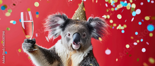 Happy Birthday, carnival, New Year's eve, sylvester, christmas celebration - Cute animal, funny koala bear with party hat and champagne glass, isolated on red background with confetti, greeting card