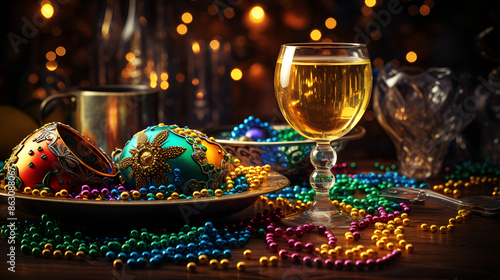 Mardi Gras decorations and a glass of champagne, adding sparkle and festivity to the celebration.