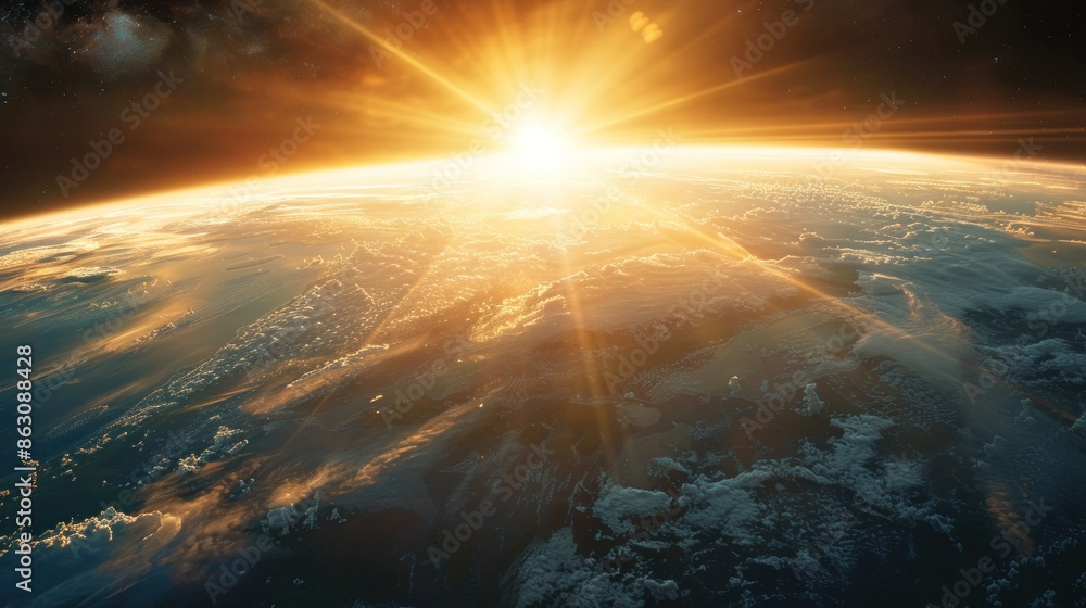 Earth as seen from space Sunrise view reflected on an ocean Earth as seen from space Sunrise view reflected on an ocean
