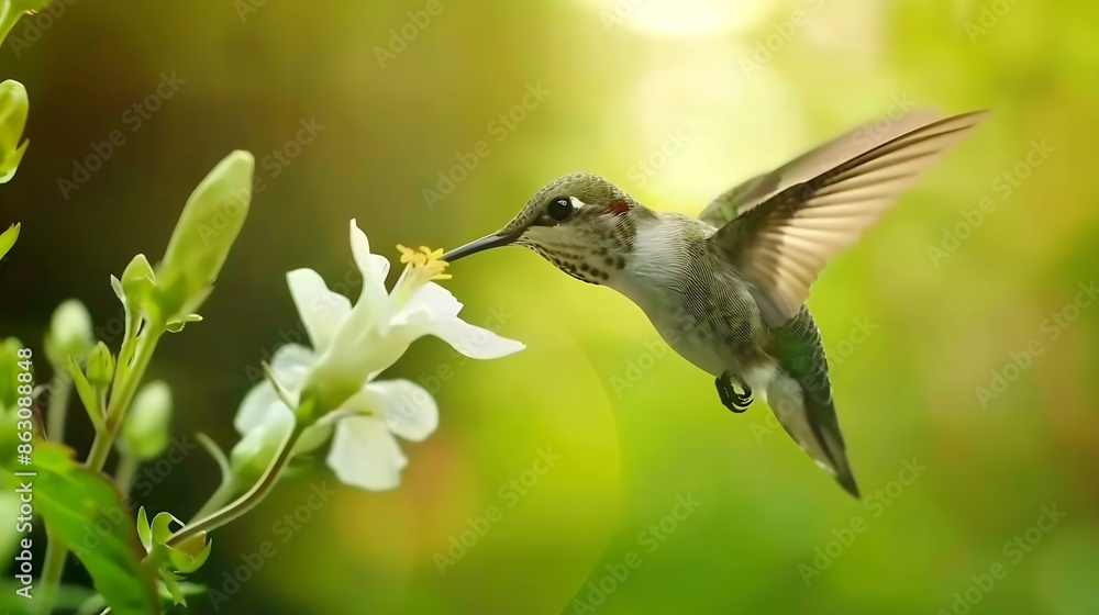 A juvenile Rubythroated humming bird feeding on a flower Ontario Canada : Generative AI A juvenile Rubythroated humming bird feeding on a flower Ontario Canada : Generative AI