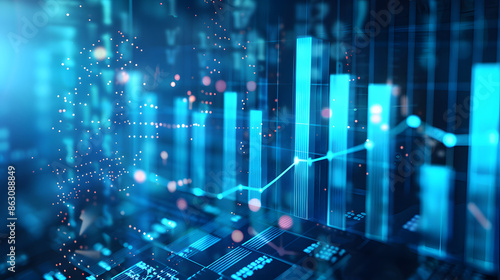 A blurred background with a blue finance graph and investment bar, showcasing growth and success in the market with technology currency reports chart. Business stock world economy AI computer