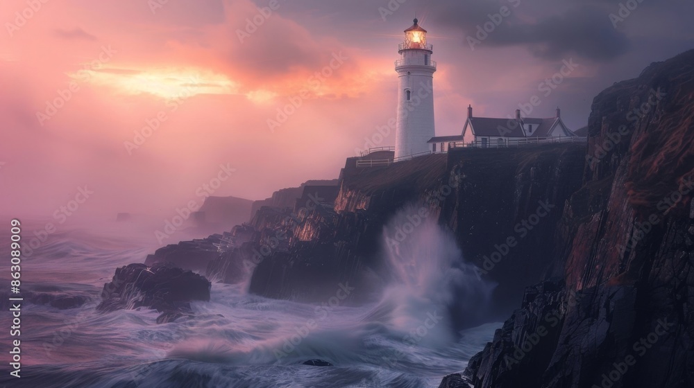 Dramatic Lighthouse on Rocky Coast at Sunset with Stormy Waves and Pink Sky Dramatic Lighthouse on Rocky Coast at Sunset with Stormy Waves and Pink Sky