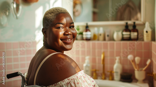 happy plus size black african american disabled woman in bathroom, curvy female with blonde buzzcut practicing self love and body positivity and wellness	 photo