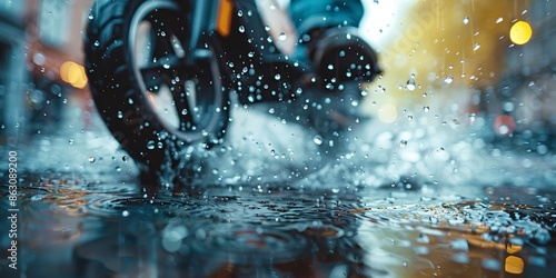 Rainy Urban Scene with Close-Up of Bicycle Wheel Splashing Water