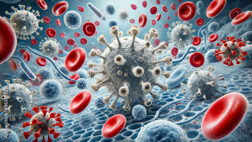 white blood cells attacking a virus.white blood cells such as neutrophils and macrophages photo