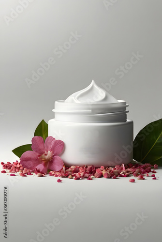 Skincare product mockup photo with a simple and refreshing background. high quality, high detail, hyper realistic, studio photo, studio lighting, beauty dish, soft shadow details, intricate details.