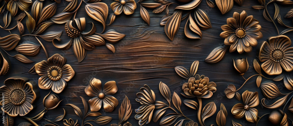 3D wallpaper, wall art of wood carving with flowers and leaves in the style of bronze color on a dark background 3D wallpaper, wall art of wood carving with flowers and leaves in the style of bronze color on a dark background