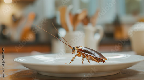 cockroaches walking around on clean plates in the kitchen, Ai generated Images photo