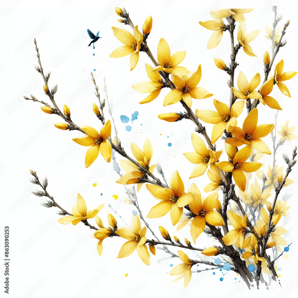 흰 배경, 개나리, 수채화 (White background, forsythia, water colour) 흰 배경, 개나리, 수채화 (White background, forsythia, water colour)