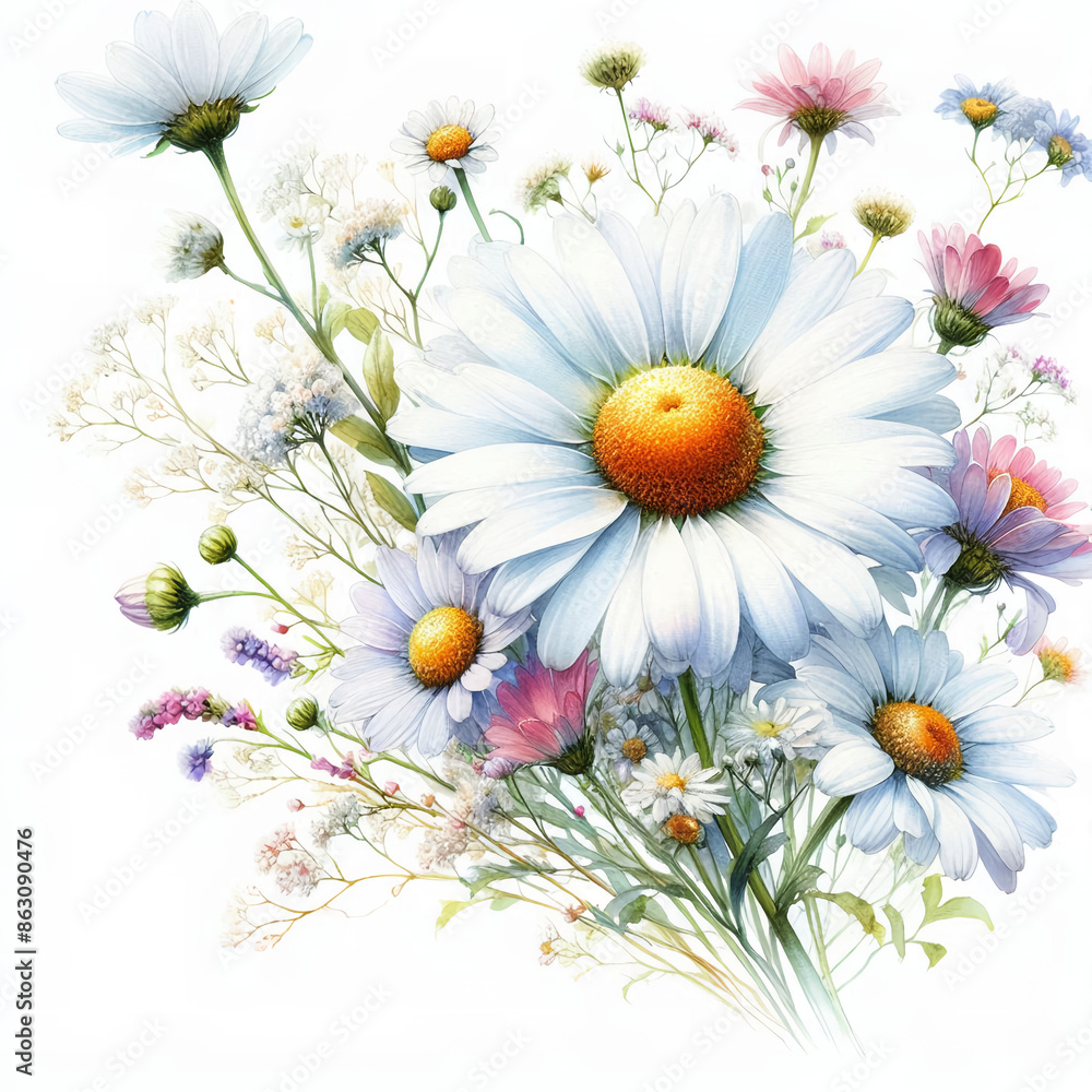 Fototapeta premium 흰 배경, 데이지, 수채화 (White background, daisy, water colour)