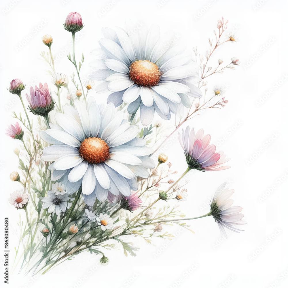 Fototapeta premium 흰 배경, 데이지, 수채화 (White background, daisy, water colour)