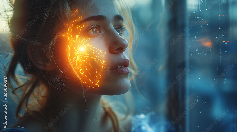 Woman Takotsubo cardiomyopathy glowing depiction of the heart showing temporary ballooning of the left ventricle Woman Takotsubo cardiomyopathy glowing depiction of the heart showing temporary ballooning of the left ventricle