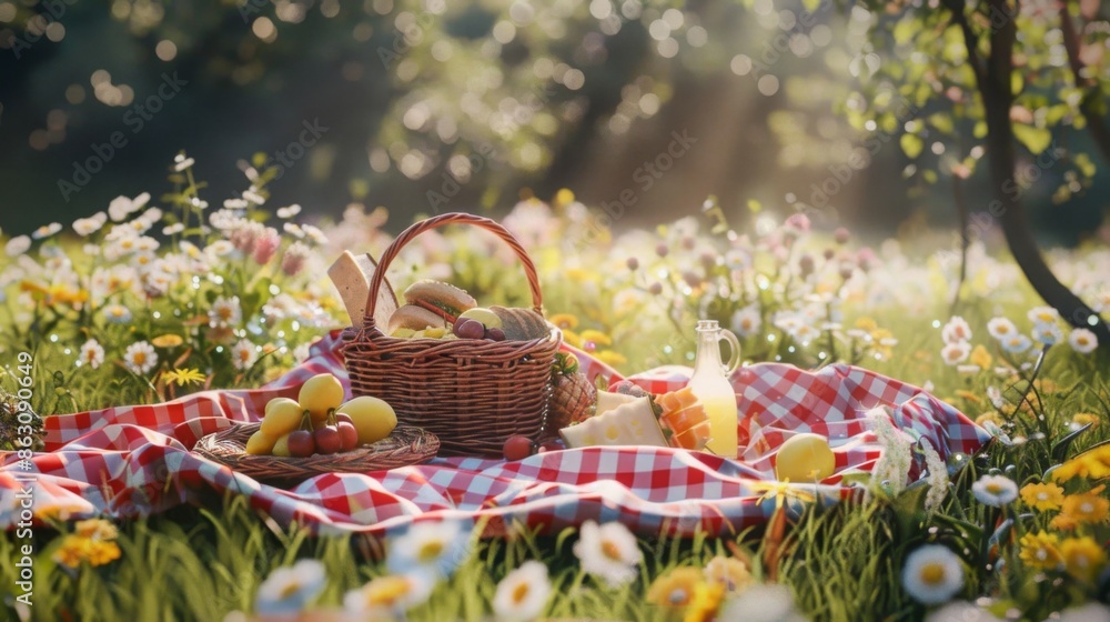 Picnic in a sunny meadow with a basket, fruits, and drinks on a red-checkered blanket. Relaxing outdoor scene with sunlight filtering through trees. Picnic in a sunny meadow with a basket, fruits, and drinks on a red-checkered blanket. Relaxing outdoor scene with sunlight filtering through trees.