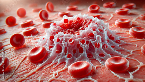 blood platelets forming a scab,aggregation of platelets and the clotting process.