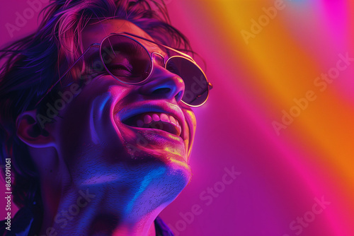 man laughing , in the style of photo-realistic compositions, neon pop, close up, warmcore, emotive faces, photo-realistic hyperbole, in the style of magenta, contemporary candy-coated, high gloss, vib