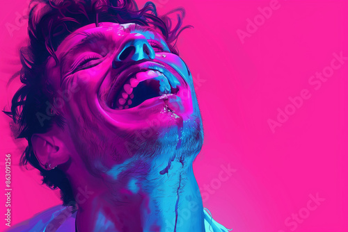 man laughing , in the style of photo-realistic compositions, neon pop, close up, warmcore, emotive faces, photo-realistic hyperbole, in the style of magenta, contemporary candy-coated, high gloss, vib