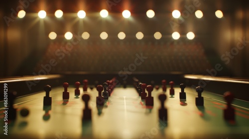 Mystical portrayal of a deserted indoor table soccer arena, the miniature pitches illuminated by the subtle glow of table lamps, foosball players standing motionless on the rods photo