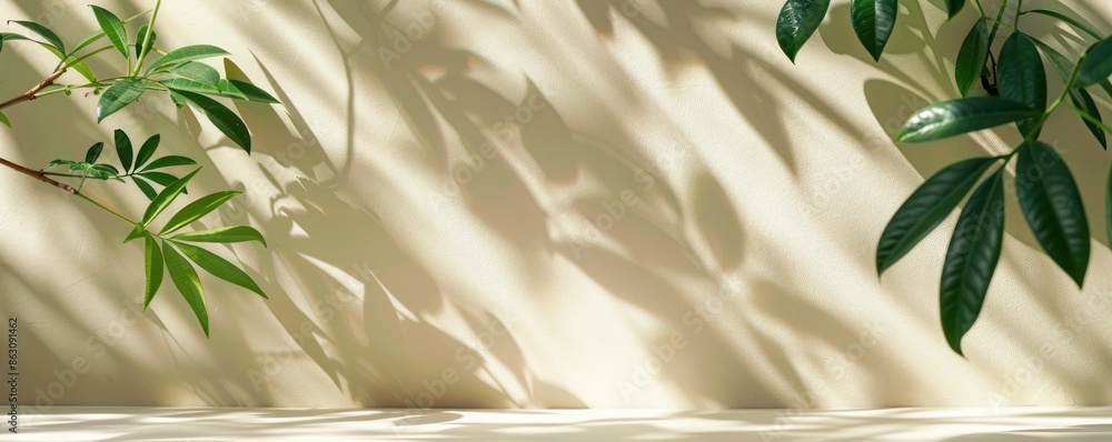 Elegant botanical shadow pattern on beige wall, minimalist natural background with lush green leaves creating a calming atmosphere. Elegant botanical shadow pattern on beige wall, minimalist natural background with lush green leaves creating a calming atmosphere.