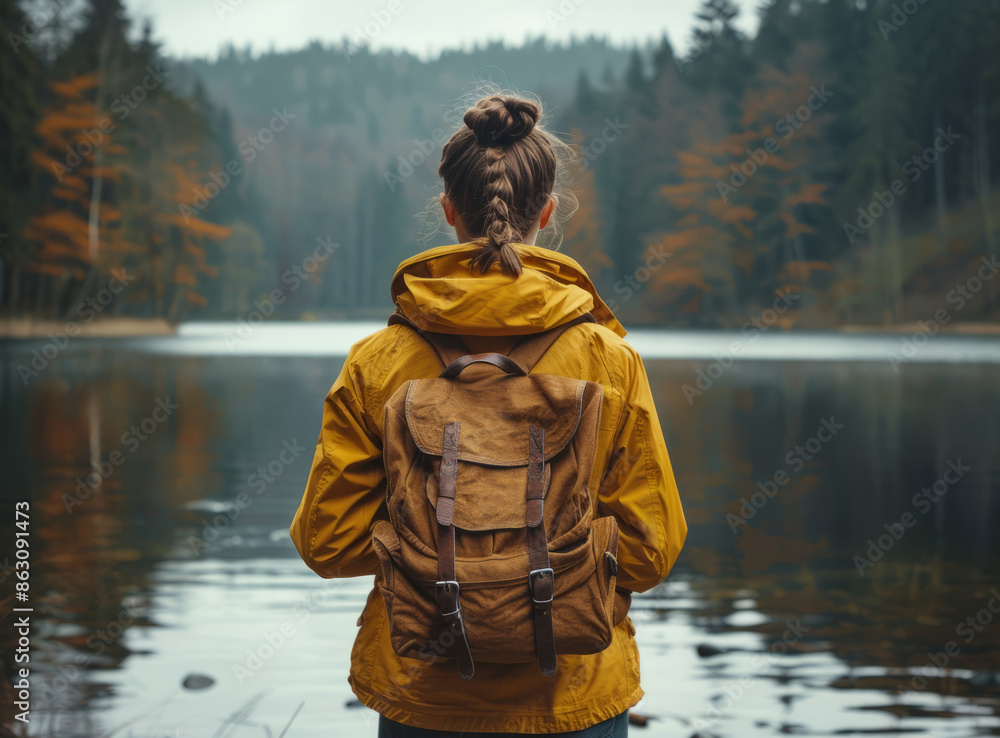 A woman in a yellow jacket and carrying a backpack stands on the shore of the lake. A tourist girl admires the landscape. The concept of travel. A woman in a yellow jacket and carrying a backpack stands on the shore of the lake. A tourist girl admires the landscape. The concept of travel.