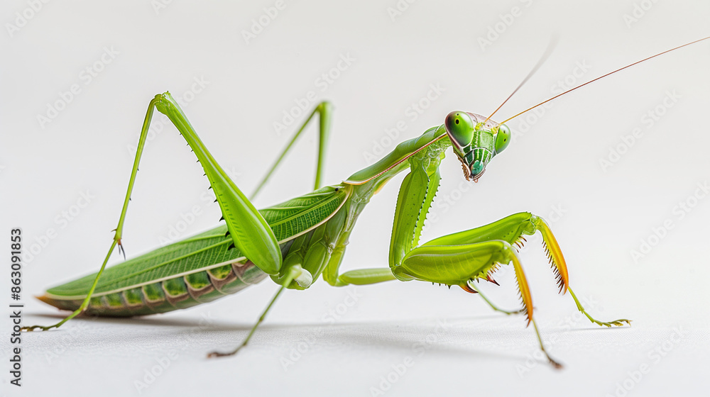 bright green praying mantis on a clean white studio background, Ai Generated Images bright green praying mantis on a clean white studio background, Ai Generated Images