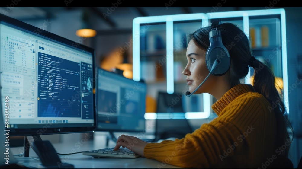 Focused female programmer coding on multiple computer screens in a modern office environment with headphones on. Focused female programmer coding on multiple computer screens in a modern office environment with headphones on.