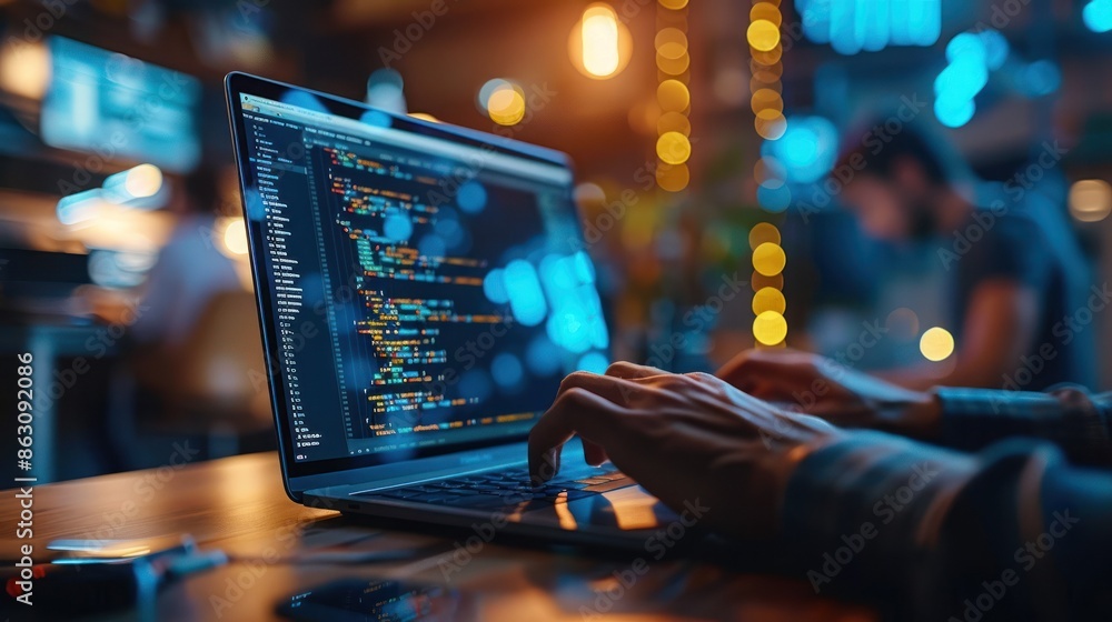 Developer working on laptop with programming code on the screen in a vibrant workspace, emphasizing technology and innovation. Developer working on laptop with programming code on the screen in a vibrant workspace, emphasizing technology and innovation.