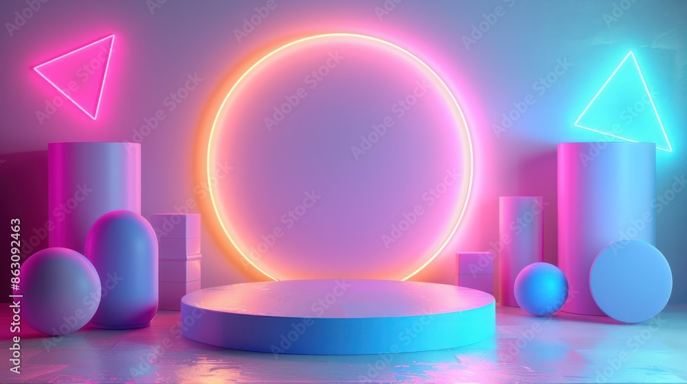 Modern abstract neon background with geometric shapes. Glowing pink and blue colors creating futuristic ambiance. Modern abstract neon background with geometric shapes. Glowing pink and blue colors creating futuristic ambiance.
