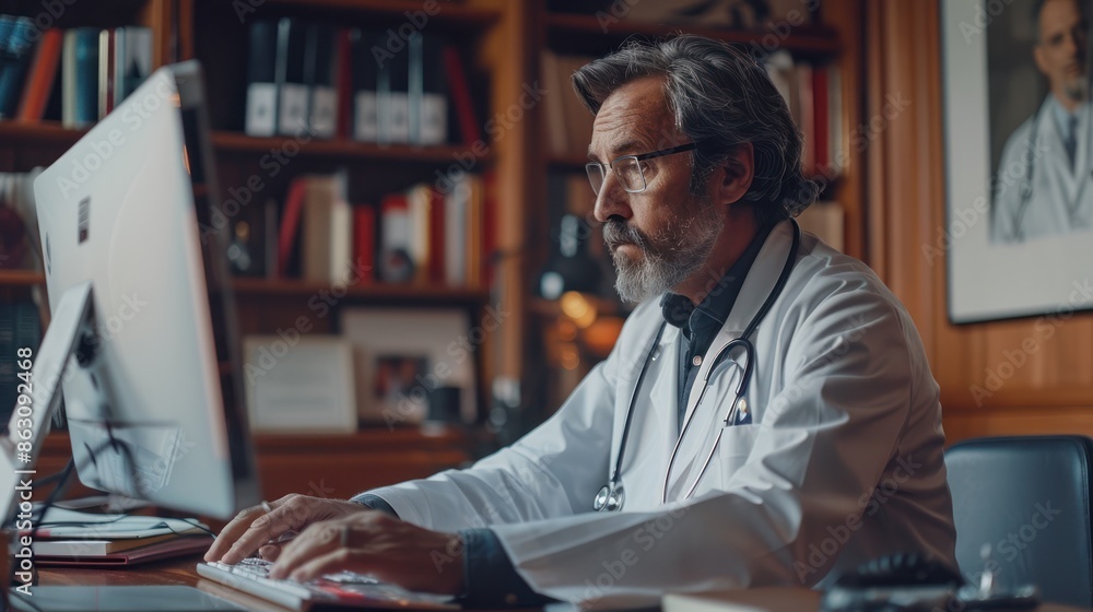 Doctor working on a computer in an office, focused on research or patient records. Professional and dedicated medical work environment. Doctor working on a computer in an office, focused on research or patient records. Professional and dedicated medical work environment.