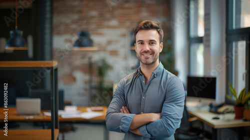 Entrepreneur Businessman Workingman Business Startup Starting Business Leadership CEO Director Professional standing men smile casual indoors office lifestyle 