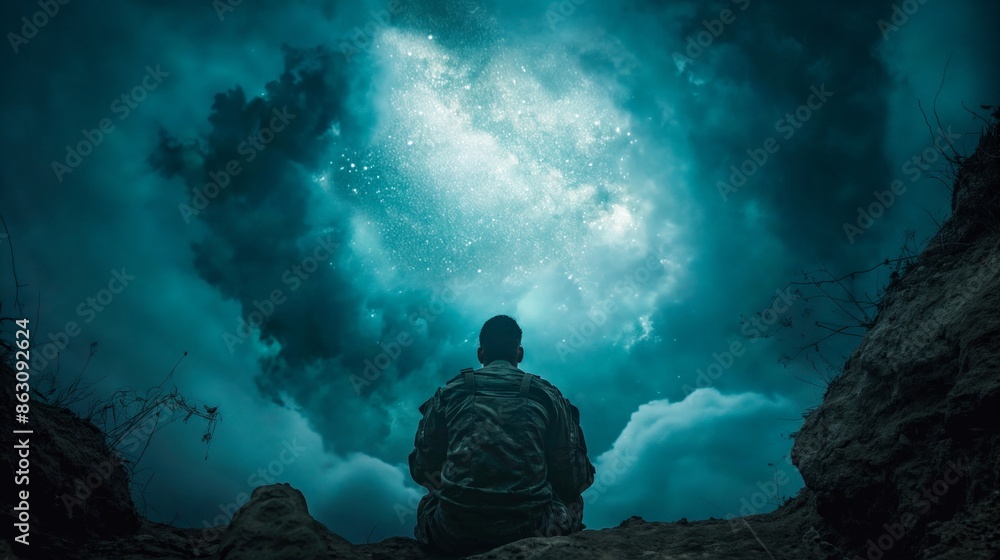 Fototapeta premium Soldier in camouflage contemplates the vast starry sky, silhouetted against a deep abyss.