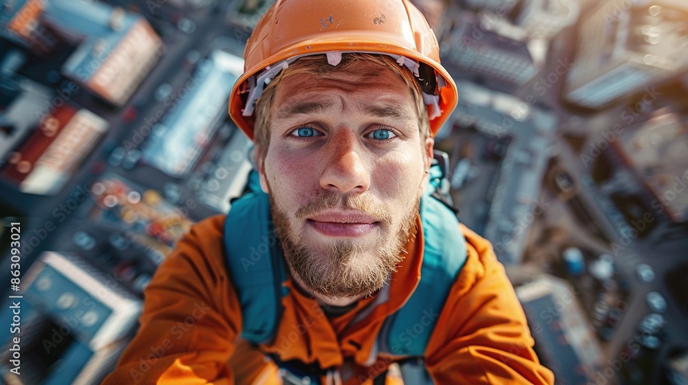 A man in an orange shirt and a hard hat is looking at the camera A man in an orange shirt and a hard hat is looking at the camera