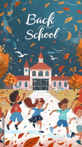 back to school poster with two students running away from the school. 