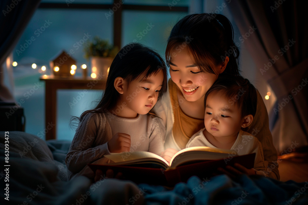 asian mother reads a book to her two daughters before bed asian mother reads a book to her two daughters before bed