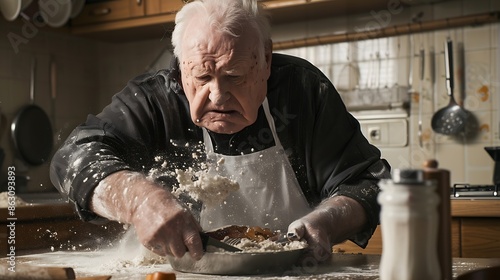 Failure at baking a cake in cookery lessons Senior man Looking fed up and miserable at his attempt to create a meal Kitchen disaster with flour and jam all over the kitchen : Generative AI
