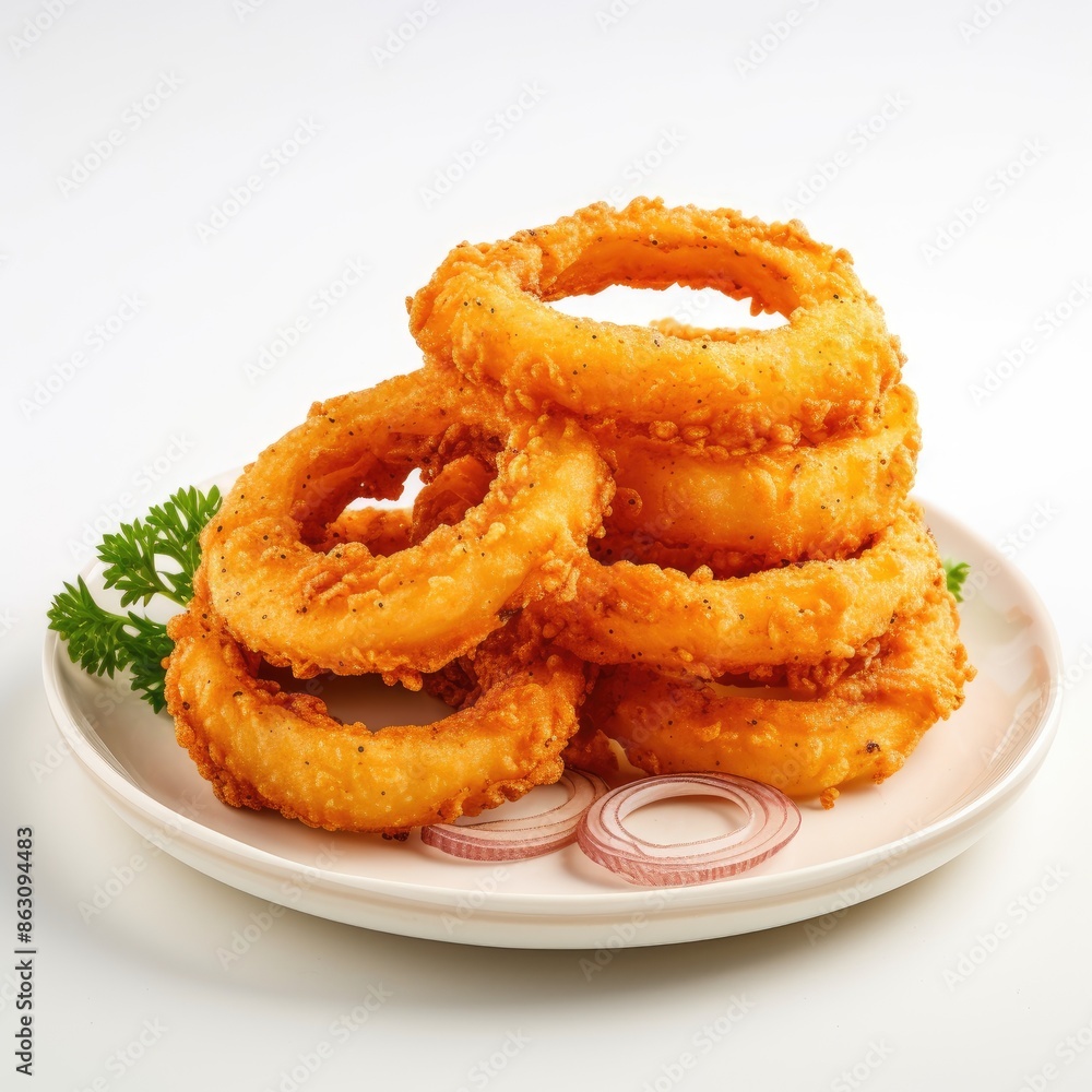 Crispy Golden Onion Rings on a White Plate with Garnish Crispy Golden Onion Rings on a White Plate with Garnish