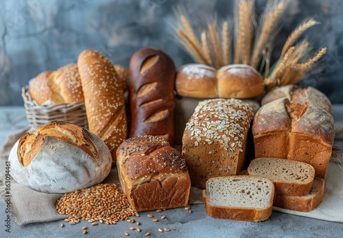 Assortment of Freshly Baked Bread Loaves With Wheat Stalks
