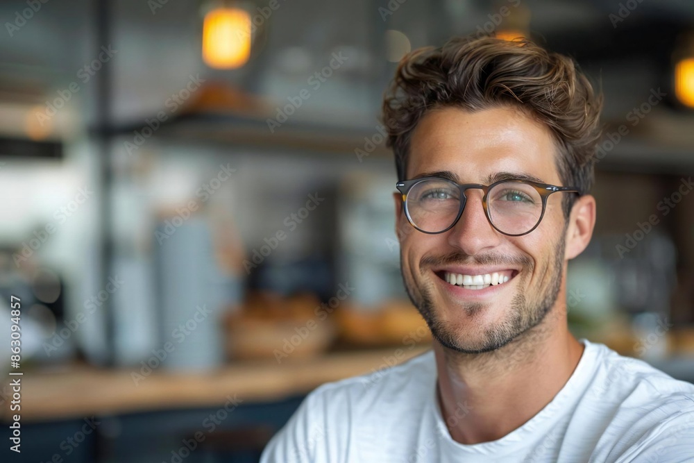 Smiling young businessman with eyeglasses doing multitasking work at well-groomed beard workplace. Smiling young businessman with eyeglasses doing multitasking work at well-groomed beard workplace.