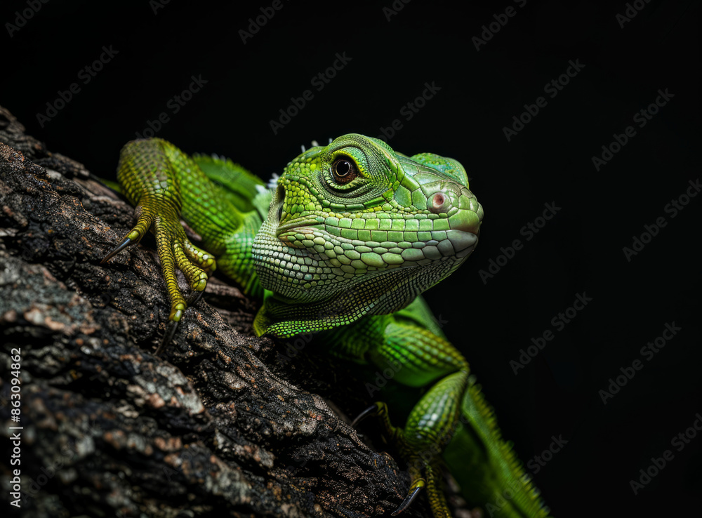A green lizard on a black background. A large bright green iguana sitting on a tree trunk. A green lizard on a black background. A large bright green iguana sitting on a tree trunk.