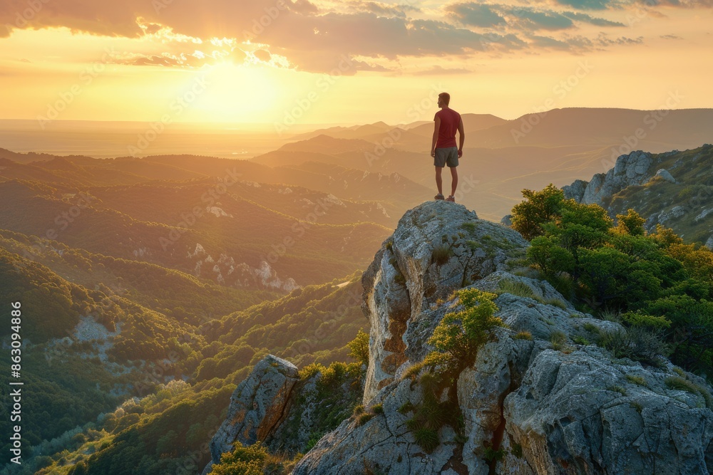 Young man standing on top of cliff in summer mountains at sunset and enjoying view of nature Young man standing on top of cliff in summer mountains at sunset and enjoying view of nature