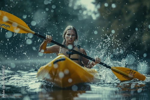 Young lady paddling hard the kayak with lots of splashes