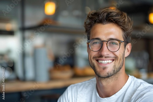 Smiling young businessman with eyeglasses doing multitasking work at well-groomed beard workplace.