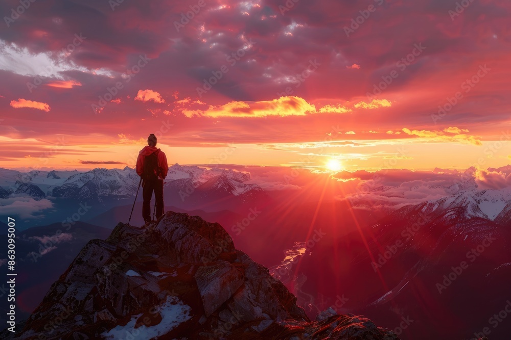 Obraz premium Man enjoys sunset view atop Cheam Peak Canada.