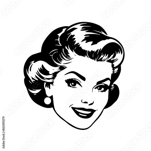 Vintage style illustration of a lovely lady. Black and white clip art.