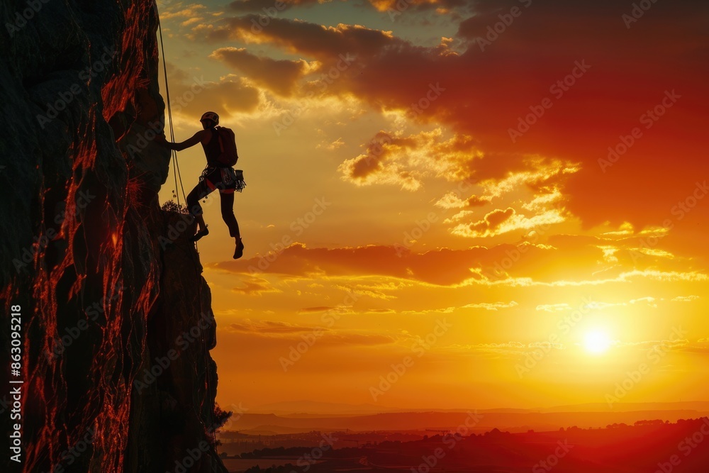 A silhouette of man climbing on rock mountain at sunset. Adrenaline strenght ambition A silhouette of man climbing on rock mountain at sunset. Adrenaline strenght ambition