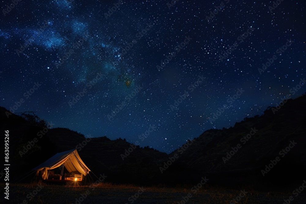 A tent glows under a night sky full of stars. A tent glows under a night sky full of stars.