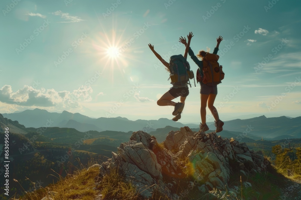 Obraz premium Hikers enjoying adventure journey on mountain top.