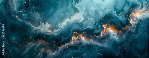 Abstract fluid art background with swirling patterns of dark blue and teal colors, resembling an ocean waves in motion, organic background, wallpaper, 4K
