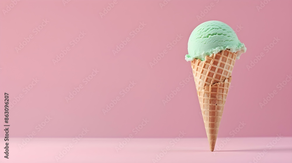 Green Ice Cream Cone on a pink Background with Copy Space Green Ice Cream Cone on a pink Background with Copy Space