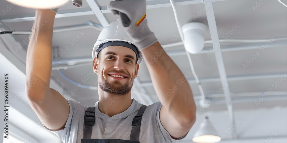 Electrician installing a lamp in an office room. Concept Electrical Wiring, Light Fixture Installation, Office Renovation, Professional Electrician, Workplace Lighting Electrician installing a lamp in an office room. Concept Electrical Wiring, Light Fixture Installation, Office Renovation, Professional Electrician, Workplace Lighting