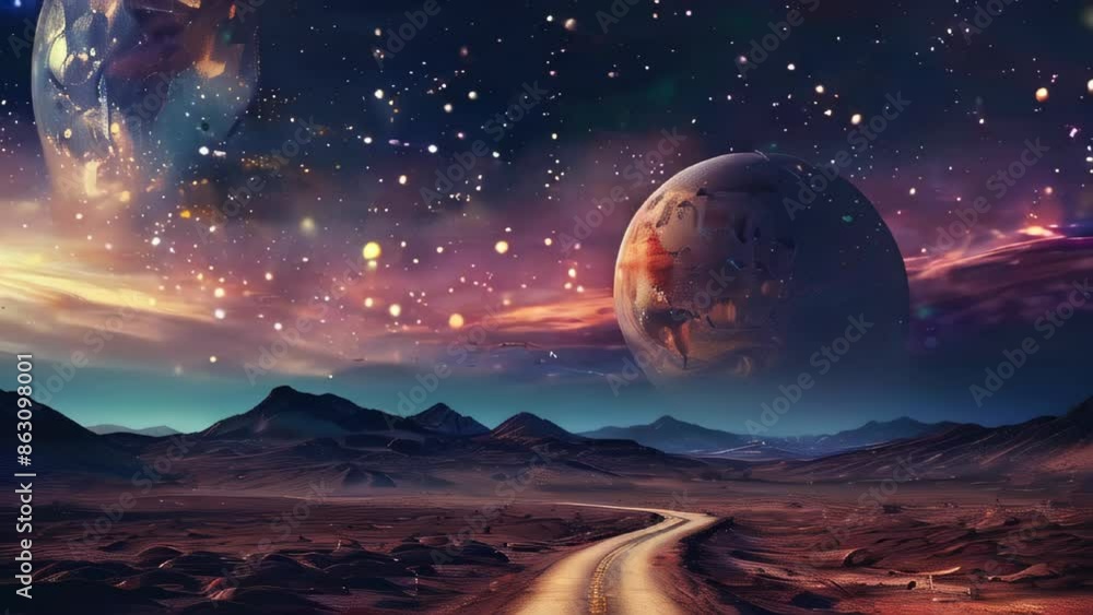 A desolate road winds through an alien landscape under a sky filled with stars and planets A desolate road winds through an alien landscape under a sky filled with stars and planets